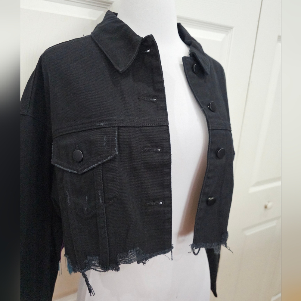 Dolls Kill Club Exx Rainbow Fringe Feel This Moment Black Denim Jacket Coat - Picture 3 of 9